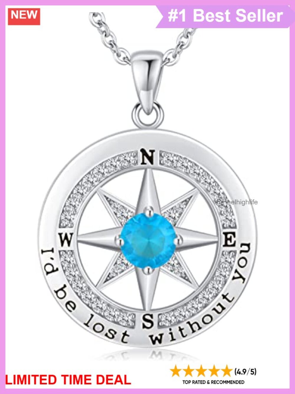 Sterling Silver Compass Pendant Necklace Engraved Quote